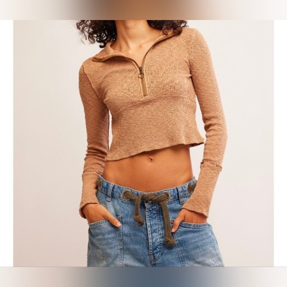 We The Free Ribbed Knit Pullover Half Zip Mock Neck Top Size Large - Picture 4 of 16